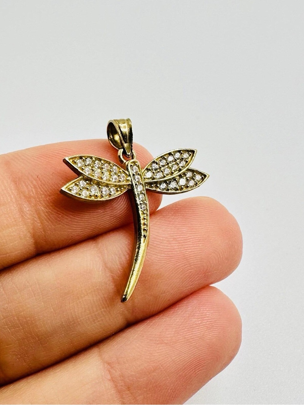 10K Real Solid Yellow Gold Cubic Zirconia Dragonfly Charm